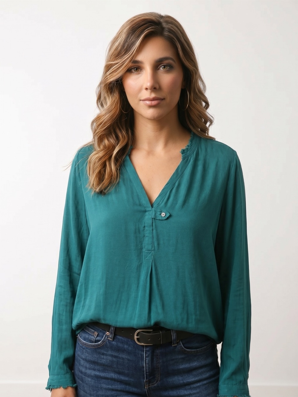 Dolan anthropologies Left Coast Collection Teal Frayed Silk Satin Henley Blouse